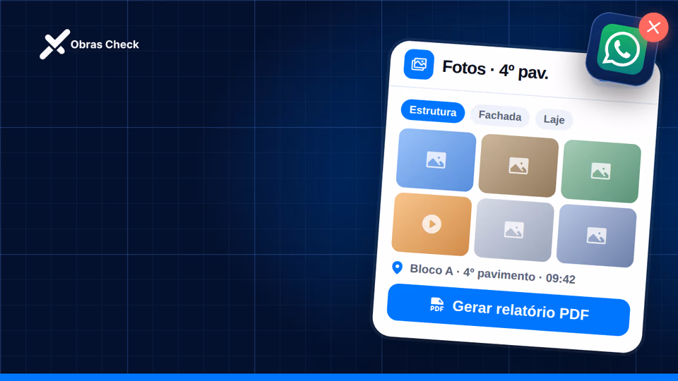 Relatório fotográfico do 4º pavimento no app Obras Check, com botão para gerar PDF