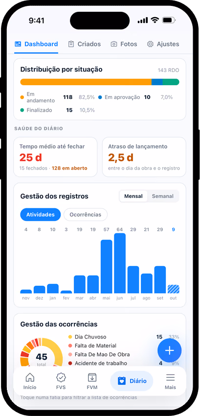 App do Obras Check no celular, com o painel do diário de obra